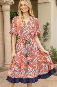 Voy Multi Color Swirl Pattern MIDI Dress with Tassel Belt