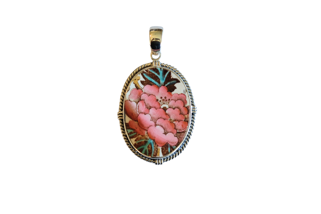 Oval Rope Pink and Turquoise Floral Pendant