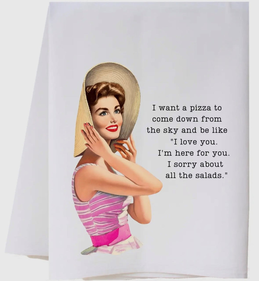 Pizza and salads tea towel