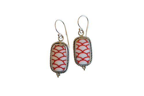 Rectangle Red and White Scales Earrings