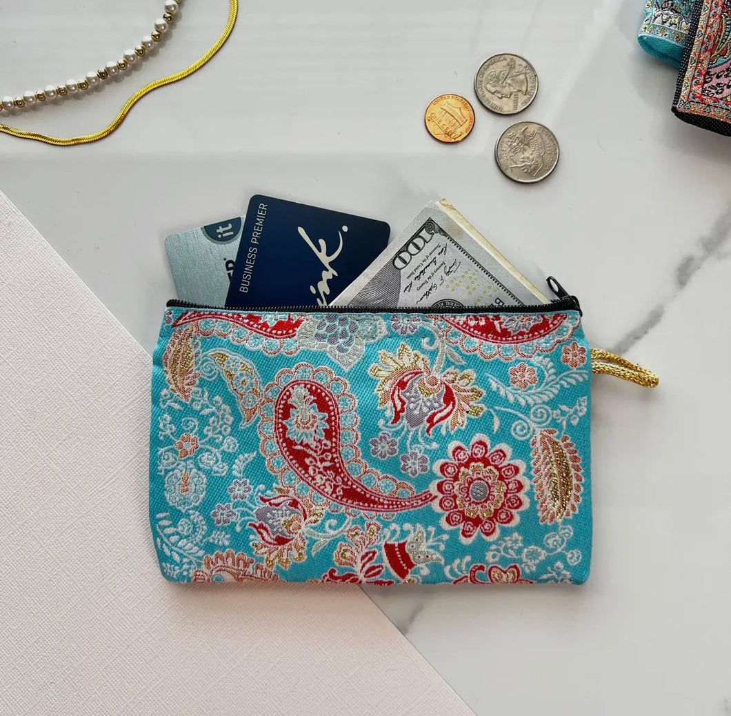 Turquoise and red paisley pouch