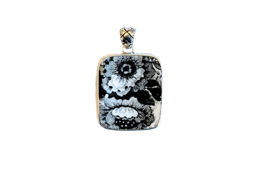 Vintage Floral Black and White Rectangle Pendant