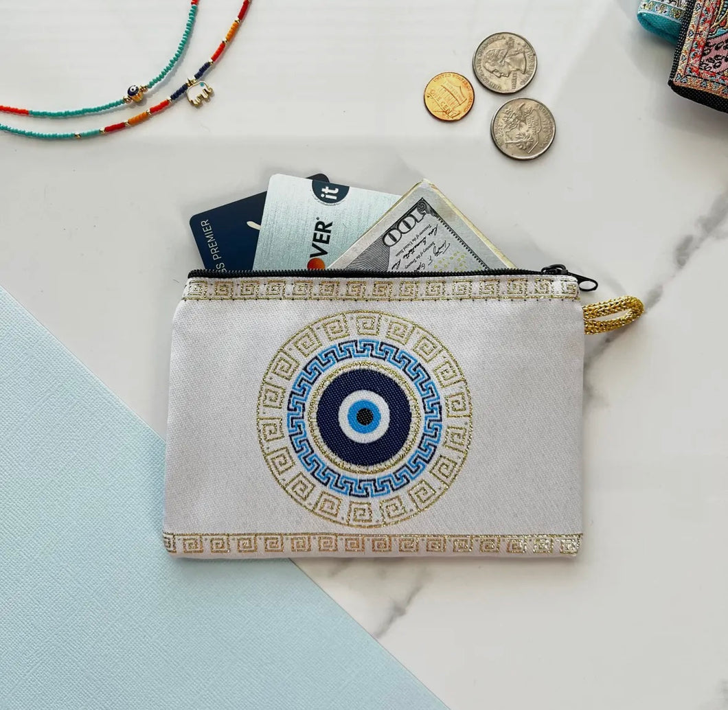 White Greek key evil eye pouch