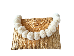 Woven pom pom clutch